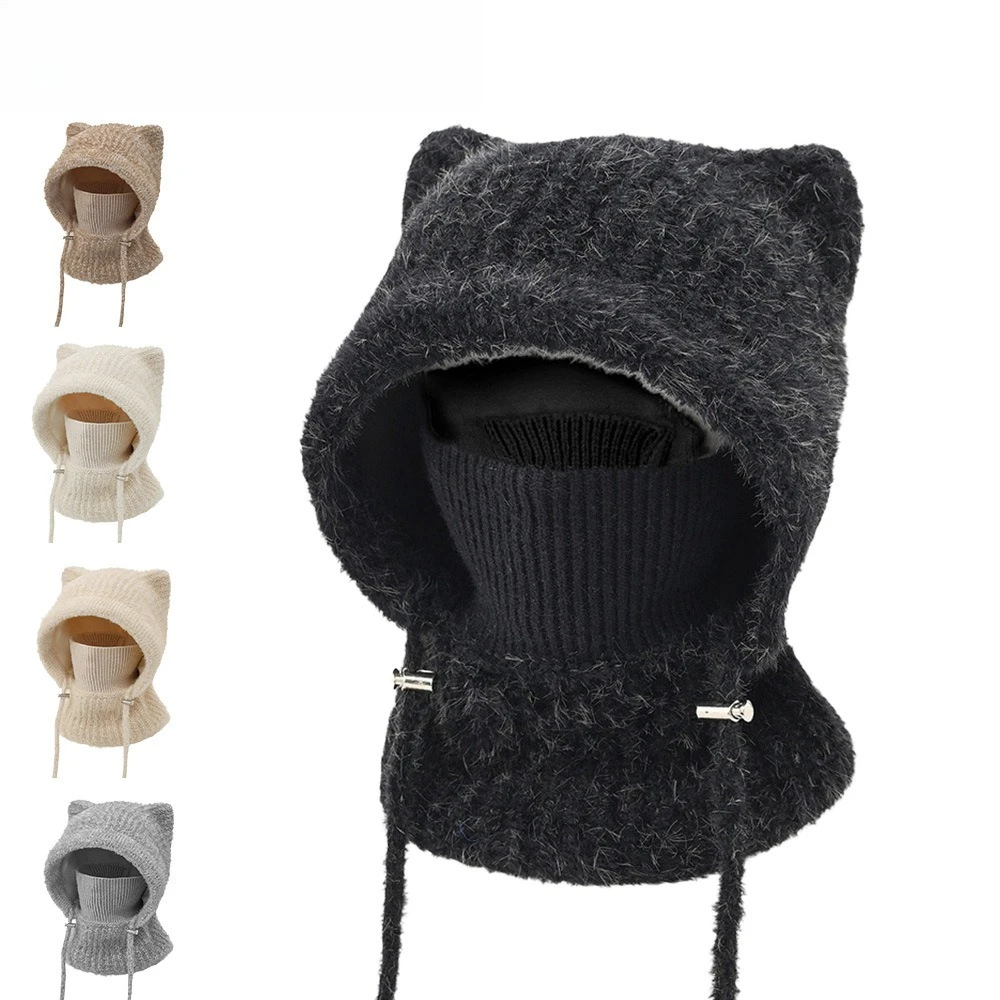 Unisex Winter Cat Ear Knitted Balaclava Caps Women Cute Thickened All In One Hood Scarf Adjustable Outdoor Warm Bomber Hats Men