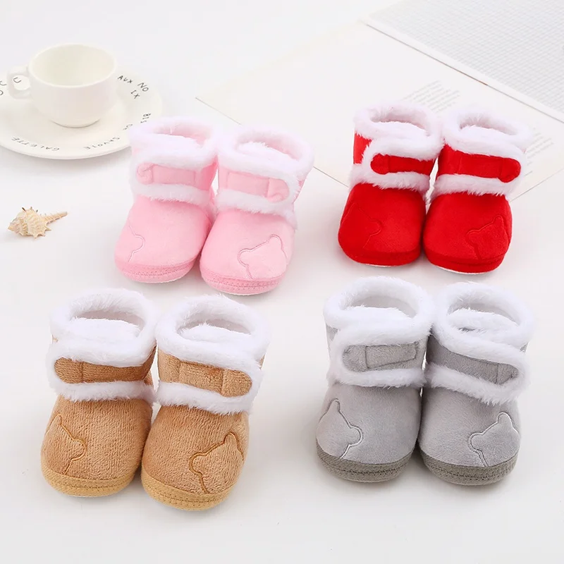 Winter Snow Baby Boots Cute Bear Warm Fluff Balls Indoor Soft Sole Infant Newborn Toddler Baby Shoes 0-18M