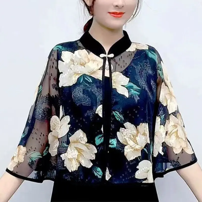 Poncho estampado de moda de estilo chino para mujer, cárdigan corto y fluido, protector solar, informal, de gasa, Tops estéticos, Verano