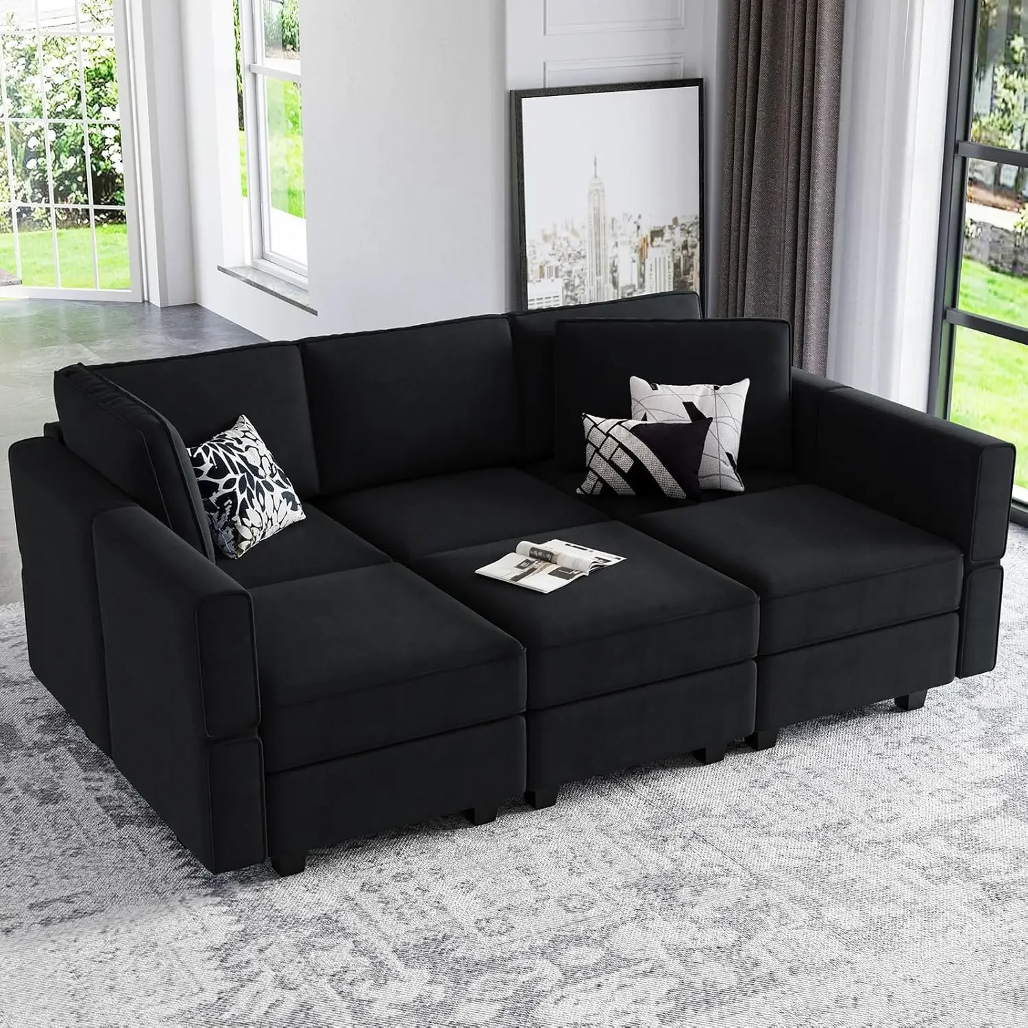 

Modular Velvet Sectional Sofa with Chaise Lounge Sectional Sleeper Sofa with Storage Chaise Sofa Bed Couch for Living Room Black