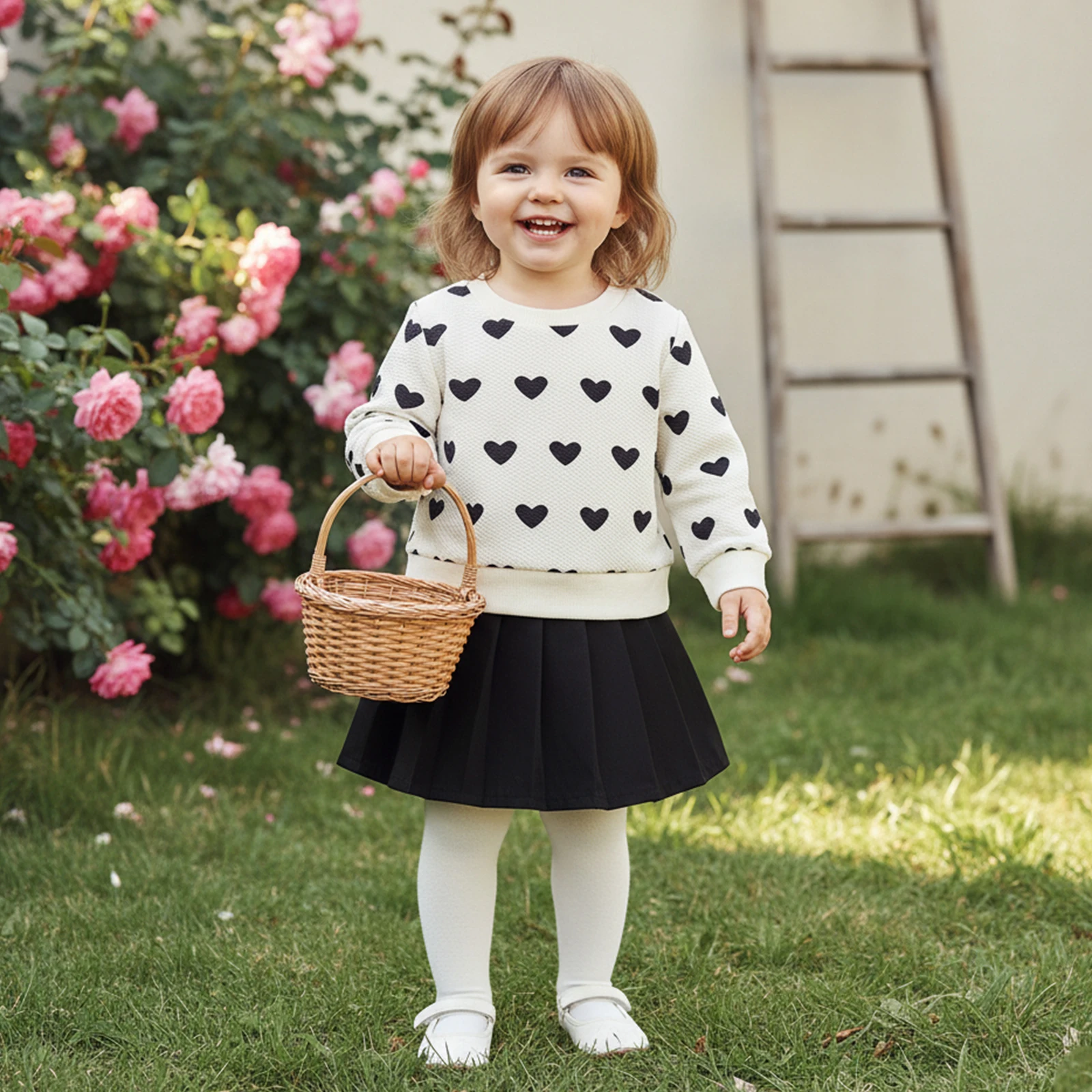 

Toddler Clothes Baby Girl Fall 2 Pcs Outfits Love Heart Print Crew Neck Long Sleeve Sweatshirt and A Line Pleated Skirt Set