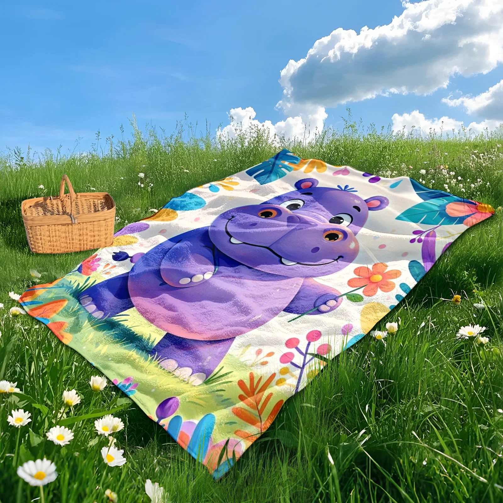 Cartoon Hippo On Lawn With Leaves Yellow And Blue Design Outdoor Blanket For Nature Enthusiasts And Cozy Outdoor Relaxation