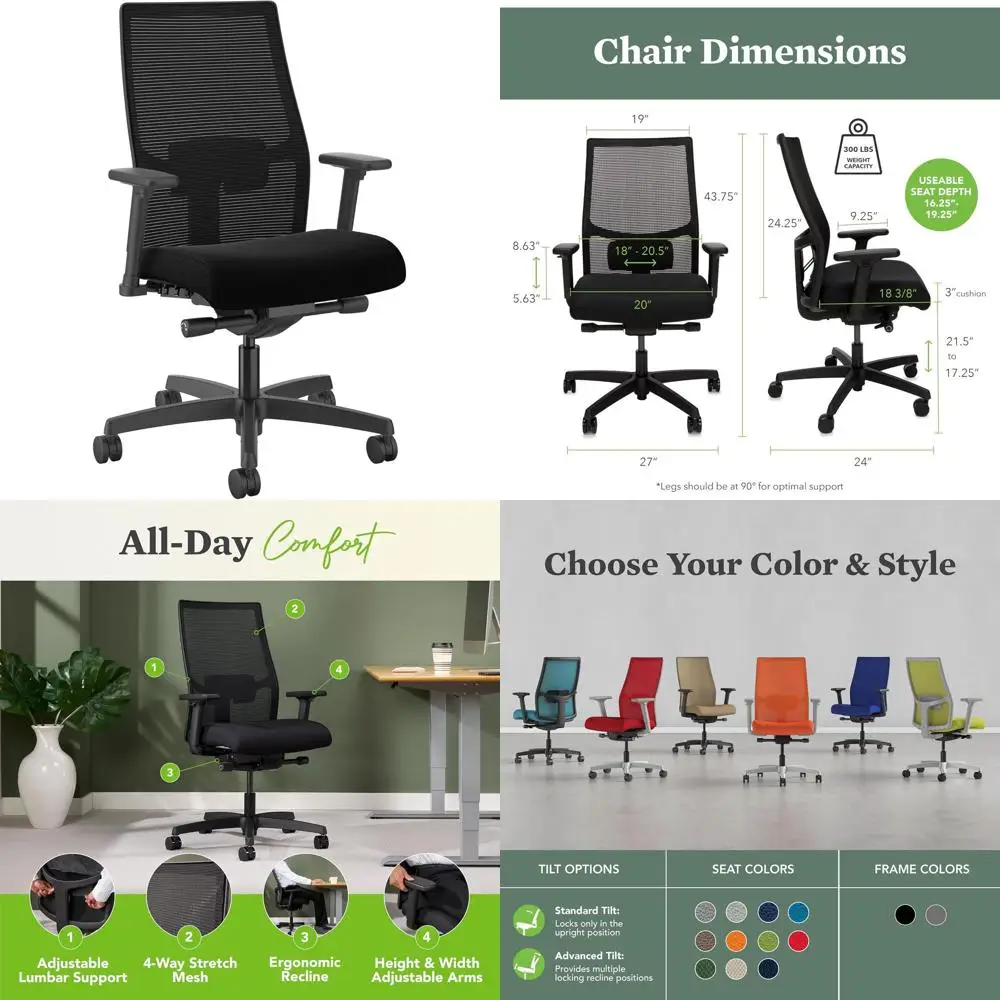 

Эргономичное рабочее кресло с синхронным механизмом регулировки, поясничной опорой и регулируемыми подлокотниками, черное.