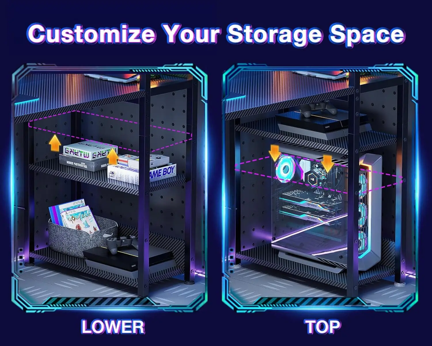 مكتب ألعاب قابل للعكس مع منافذ طاقة وأضواء LED، مكتب كمبيوتر مقاس 48 بوصة مع أرفف تخزين وحامل شاشة، حديث مع