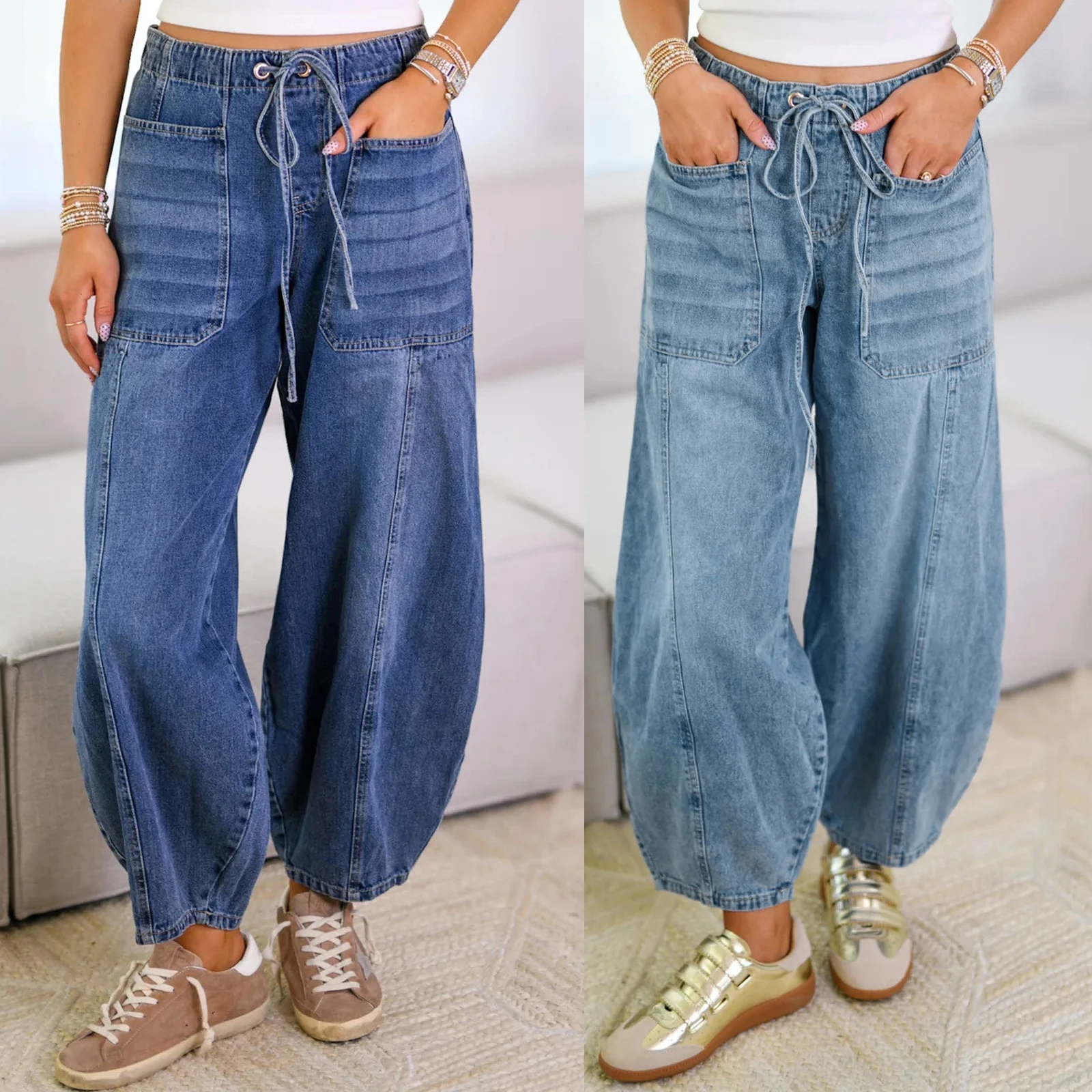 

Женские джинсы, однотонные свободные брюки с эластичной резинкой на талии и карманами на каждый день