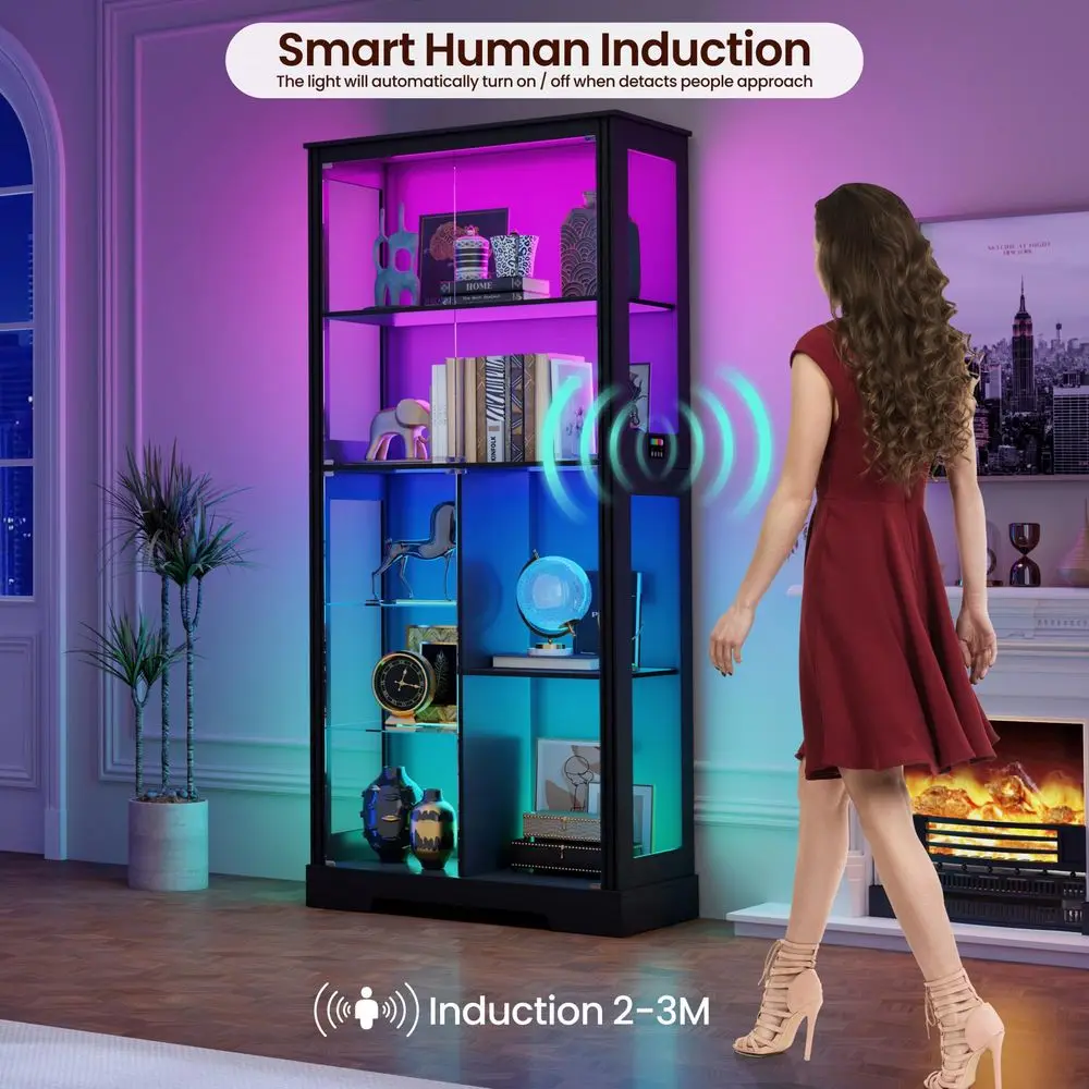 Lighted Corner Display Curio Cabinet Wooden Curved Shelving Unit with Tempered Glass Door, Bar and Liquor Storage Area with 6 S view 6