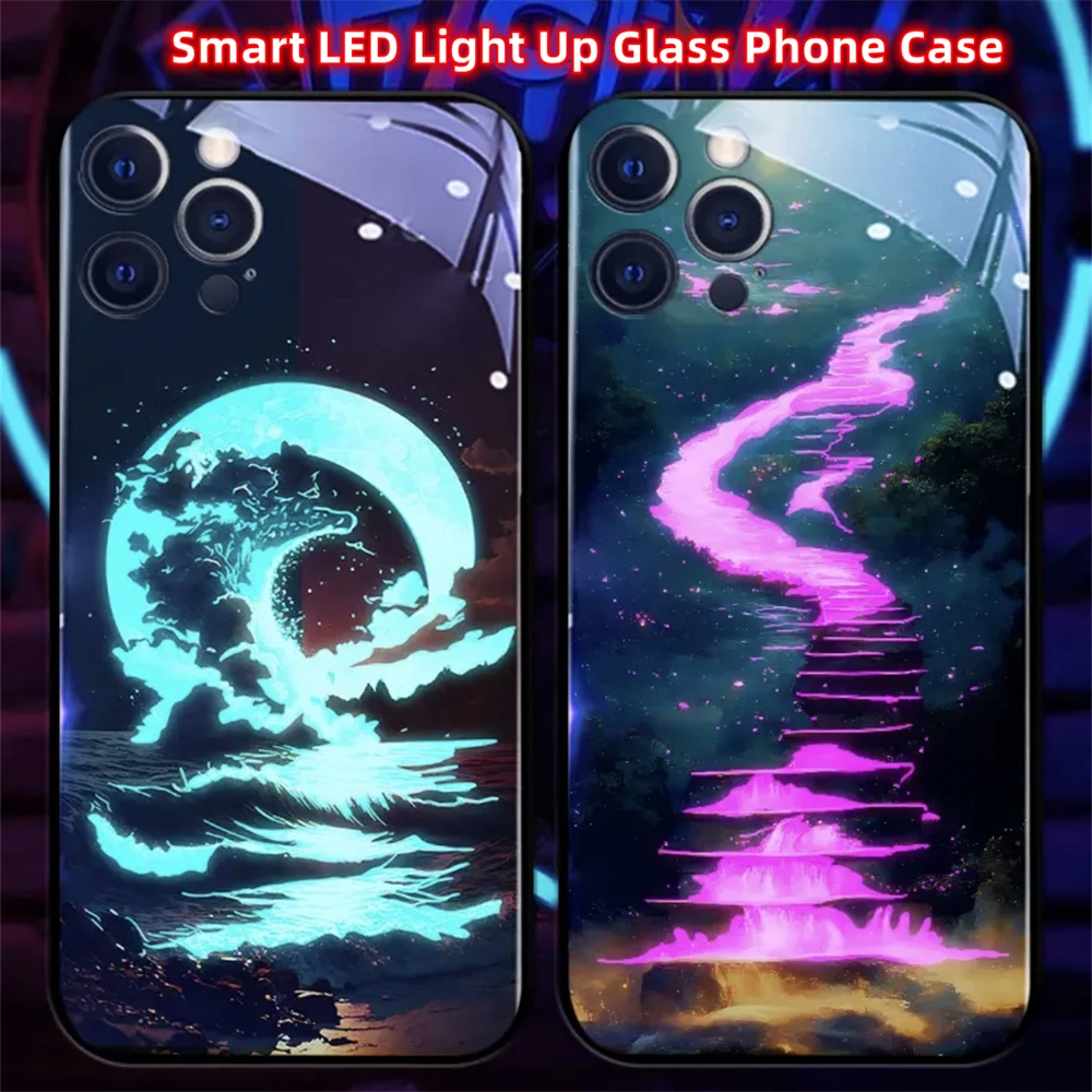 Pretty Moonlight Ocean Design Smart LED Light Glow Tempered Glass Phone Case For iPhone Air 17 16 15 14 13 12 11 Pro Max Plus view 5