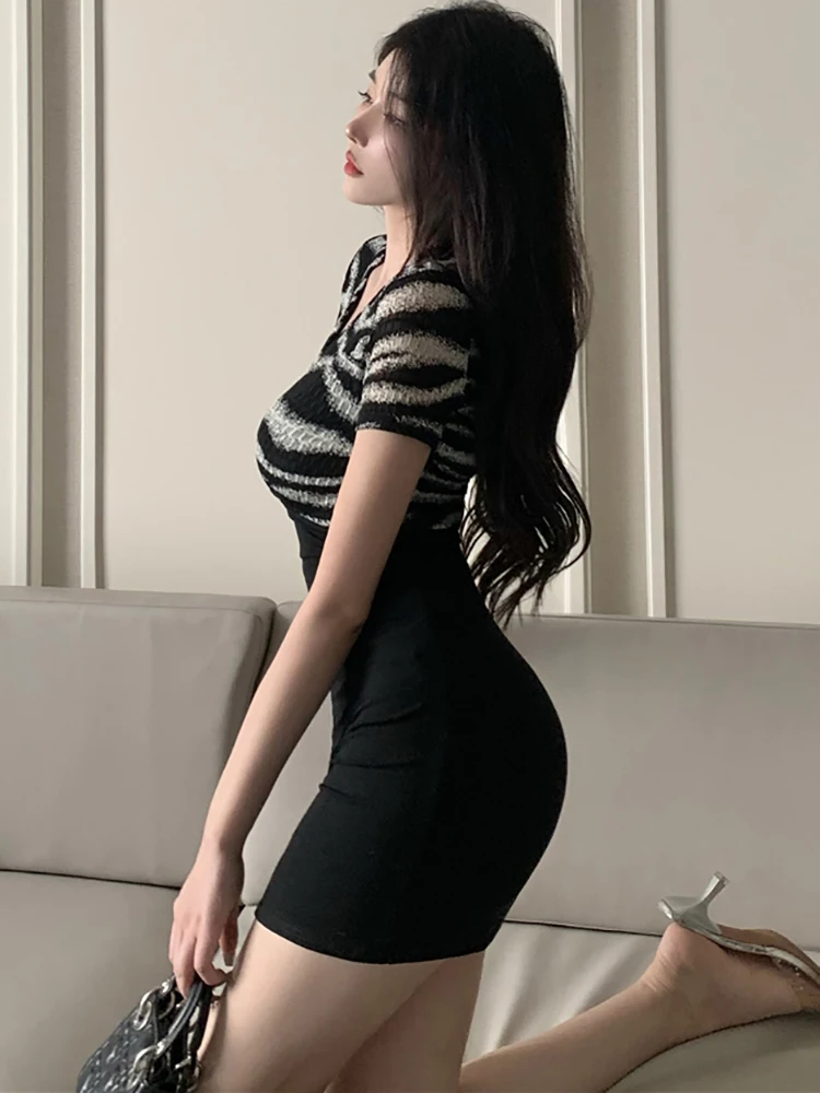 Summer Black Patchowrk Striped V-Neck Sexy Club Dress 2024 New Elegant Bodycon Hip Wrap Mini Dress Women Korean Vintage Vestidos