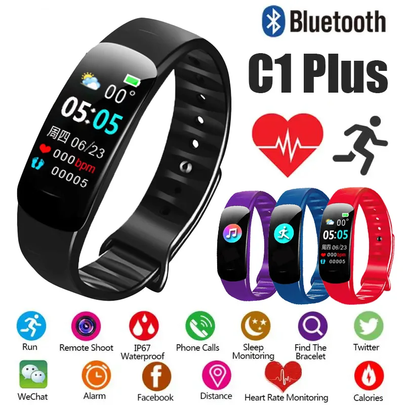 C1 PLUS Men\'s and Women Smartwatch Sports Wristband with Bluetooth Step Counter Fitness Tracker Heart Rate Blood Pressure Sleep