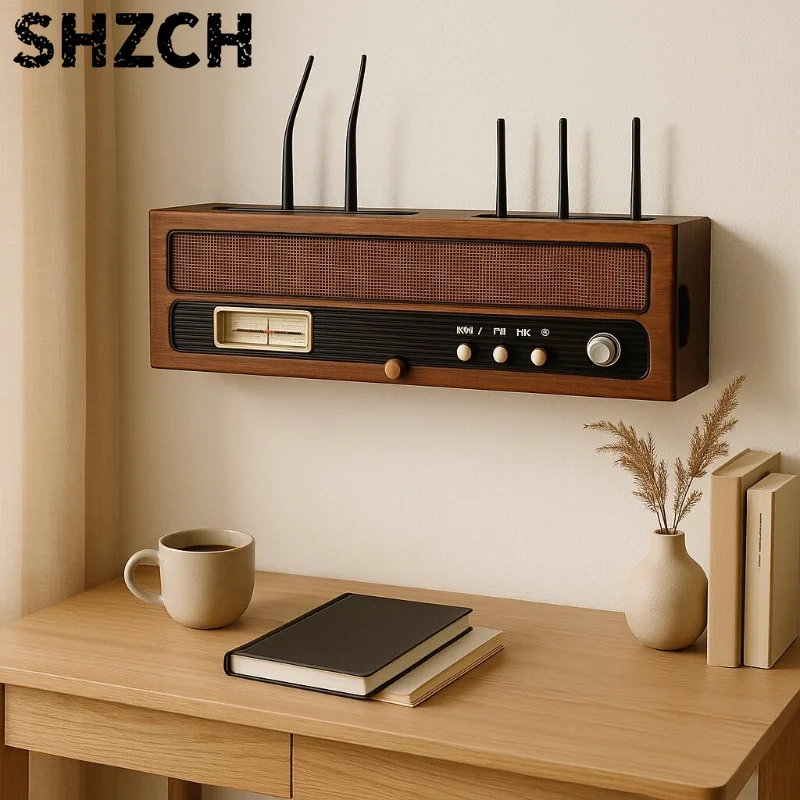 Vintage Router Stand Multi-Functional Desktop Storage Box Record Player & Power Strip Organizer Hide Ugly WiFi Devices