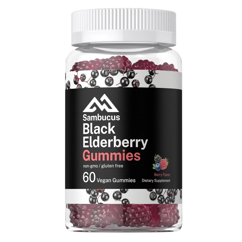 

60 pieces of black elderberry gummies with zinc and vitamin C, vegetarian, non GMO, adult gluten free, and fruit flavored