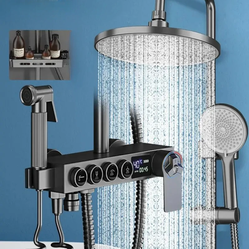 Thermostatic Rain Shower Digital Display Mixer with Bathtub Faucet Smart Shower with Shelf Bathroom Temperature Control