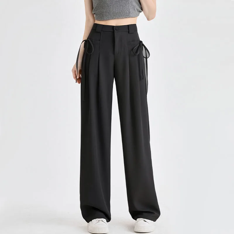 Calça casual feminina de cintura alta de perna larga, elegante calça reta, roupa de escritório, monocromática, primavera, outono, moda