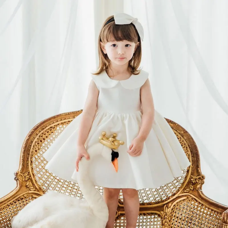 Girls' Princess Dress Korean Style Big Bow Satin Dress Birthday Banquet Children's Clothing Baby Full Moon Full Year Dress