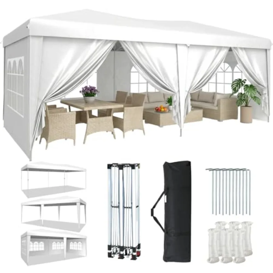 Party Tent With 6 Sidewalls, Polyester Fabric, White, Waterproof And Uv-Resistant