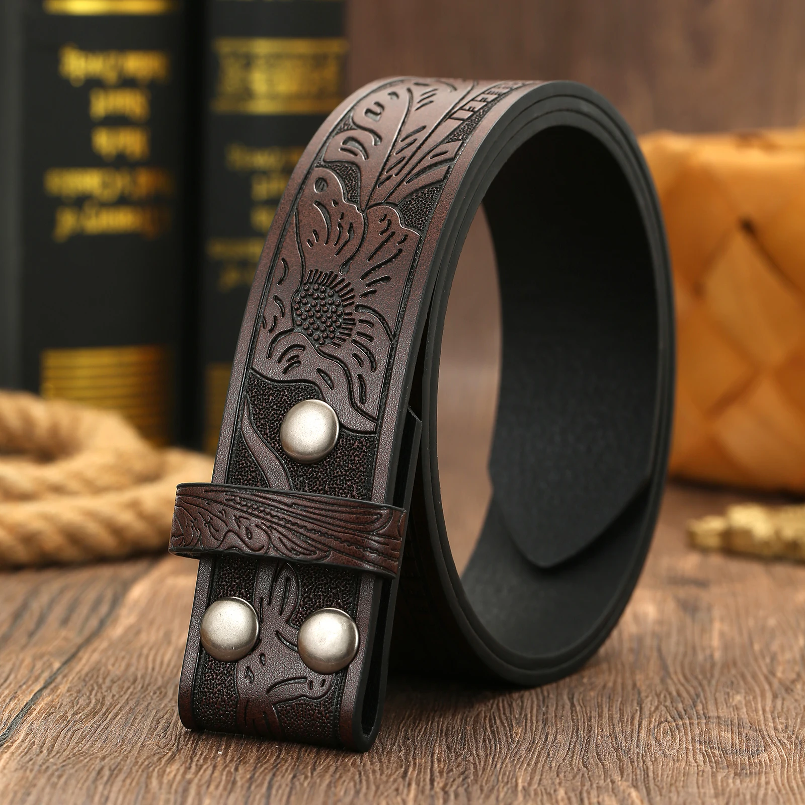 Herren Western-Gürtel mit geprägtem Muster, Blanko-Gurtband ohne Schnalle, Retro Cowboy PU-Leder Ersatzgürtel – Detail 9
