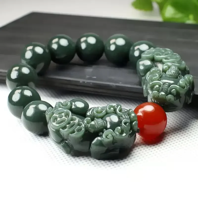 

Green Jade Double Pixiu Bracelet Buddha Bead Bracelet Men's and Women's Bracelets