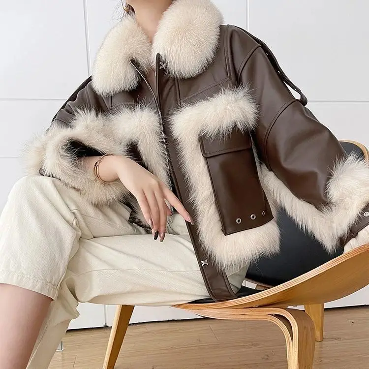 Fashion Faux Fur Splice PU Leather Jacket Women New Autumn Winter High Street Oversize Long Sleeve Zipper Outwear s739