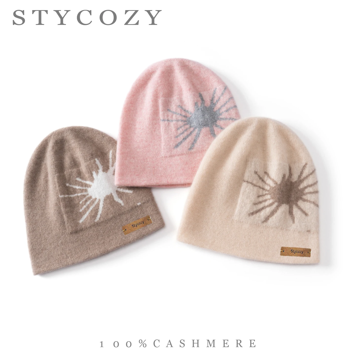 Beanie Hat Women 100% Cashmere Abstract Sun Jacquard Knit Cap Soft Stretch Warm Autumn Winter Fashion Casual Daily Wear Headwear