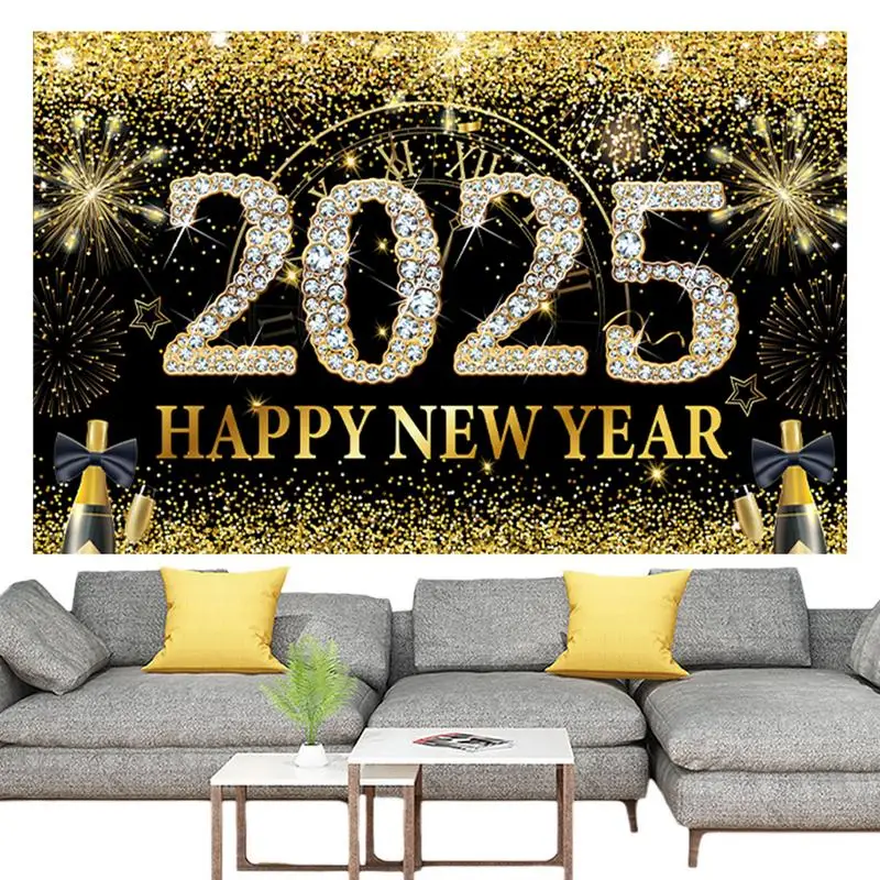 Happy New Year Background Cloth 71 X 43in Black Gold Home Decoration Photo Booth Background Elegant New Year Photo Backdrop