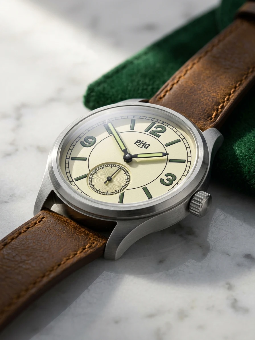 PHG SD‑1930 Vintage Casual Wristwatch 36mm Small Second Dial Quartz Watch C3 Luminous 316L Stainless Steel Case Retro Genuine Le