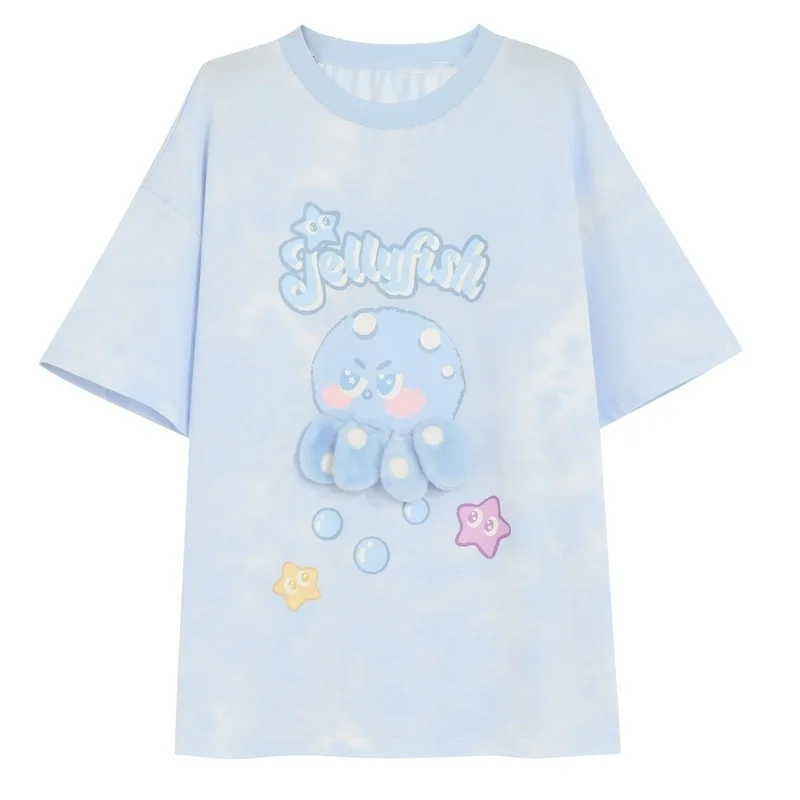 Chic Sweet Cute Kawaii T-shirt Summer Short-sleeved Top Female Tops Women Casual Y2k New 2024 Trend Blue Cartoon Print Tees