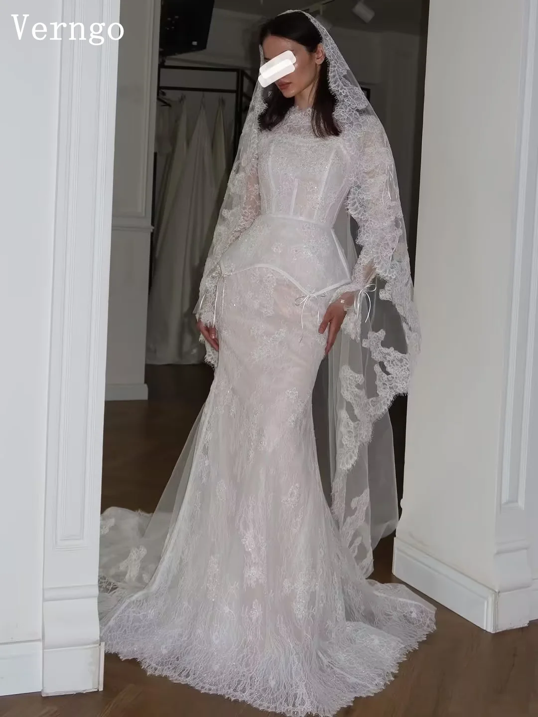 Picture 3: Verngo Modest Luxury Lace Wedding Dress High Neck Full Sleeves Mermaid Bone Bride Dress Sweep Train Prom Bridal Gowns Customized