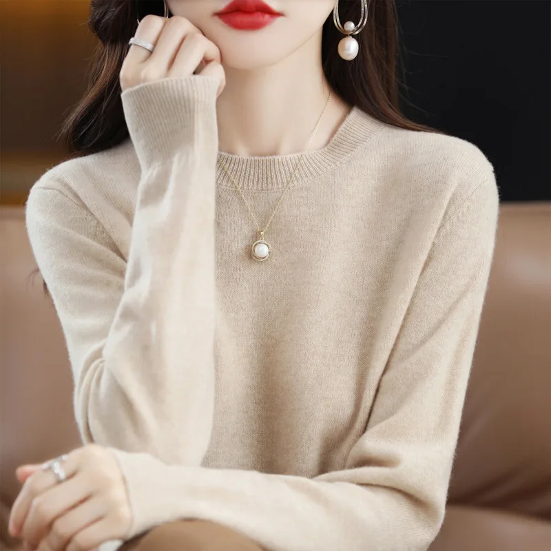 

Осенний женский свитер из 100% чистой шерсти, однотонный пуловер с круглым вырезом, кашемировый женский трикотаж, элегантный удобный топ для женщин