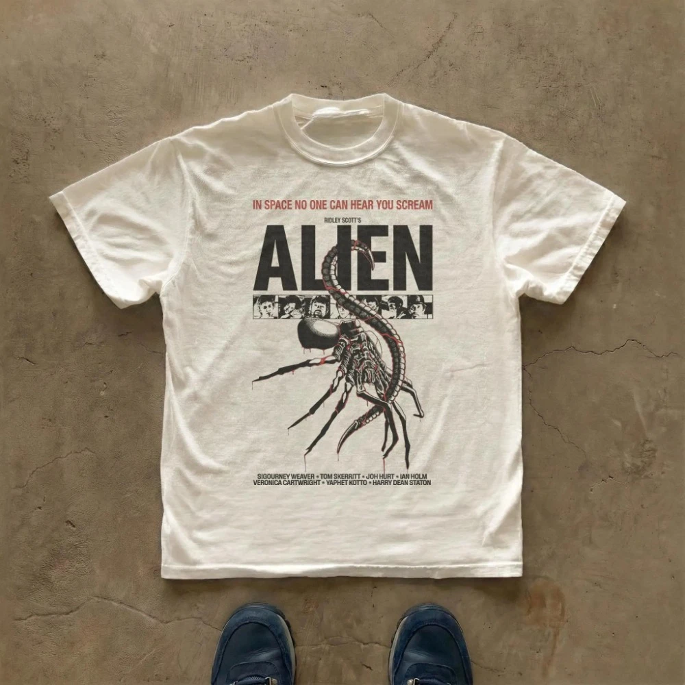 Alien Chestburster Illustration T-Shirt Sci-Fi Horror Movie Tee Clothing Graphic Short Sleeve Shirt Unisex Men Women All-Season