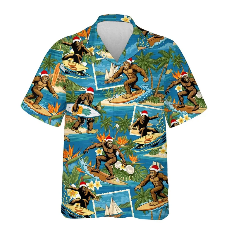 Xmas Green Santa Art and Christmas Animal Shirts Hawaiian Shirt Mens with Festive Candy Cane Prints Short Sleeve Button Front