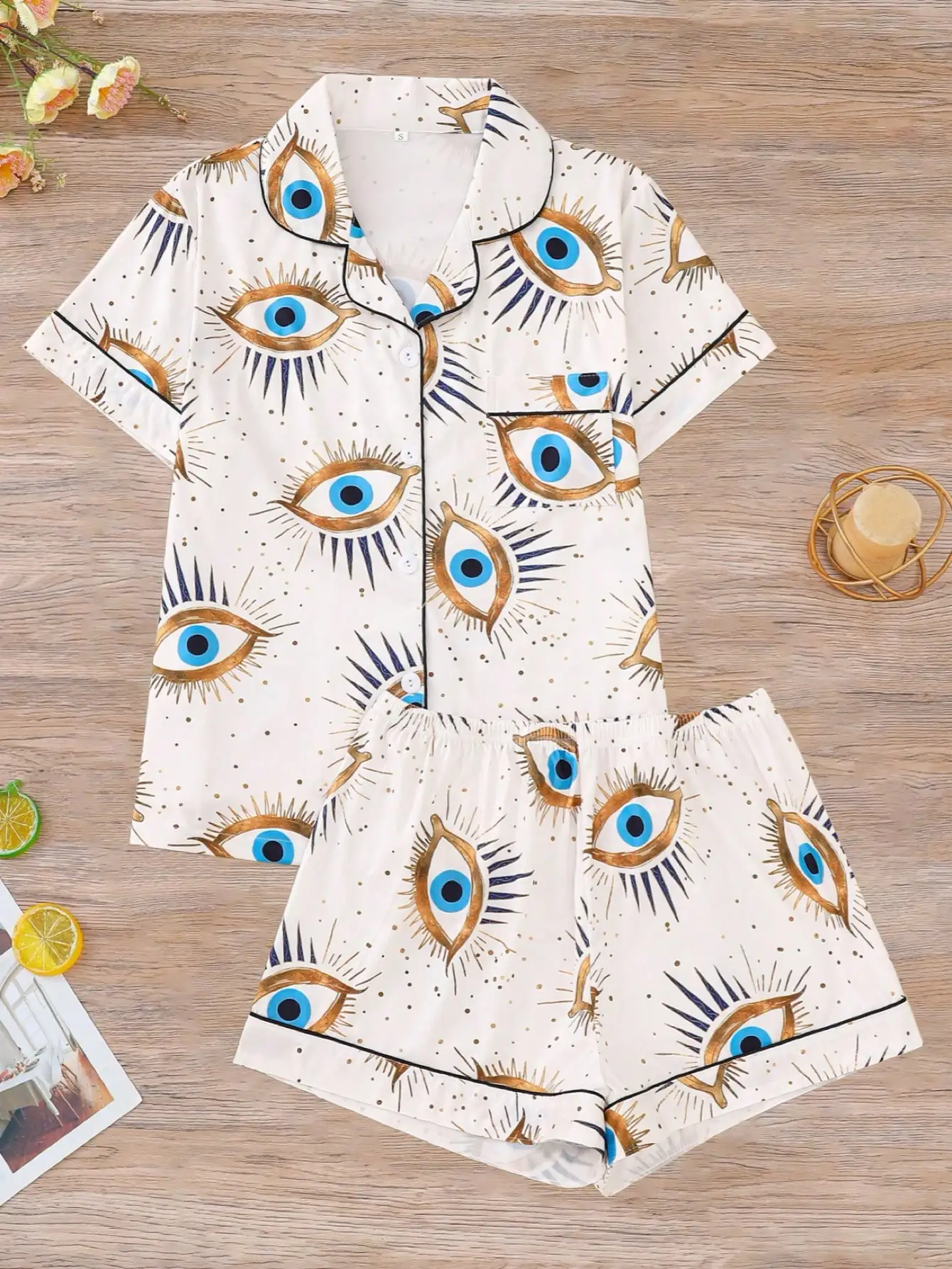 

2-Piece Women's Pajama Set with Eye Print, Button-Up Short Sleeve Top & Elastic Waist Shorts