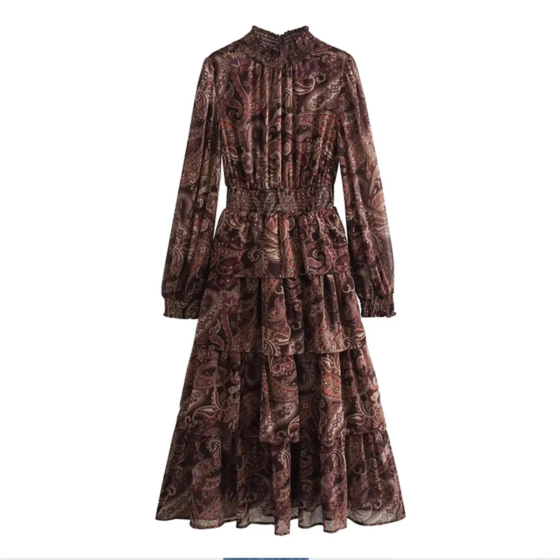 Vestido Maxi F Estilo Europeu Z de Chiffon Estampado com Manga Longa, Cintura Marcada e Camadas – Coleção Primave...