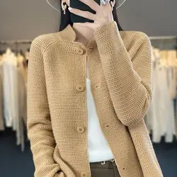 Abbigliamento femminile Cardigan con colletto alla coreana primavera autunno Casual monopetto Basic tinta unita elegante maglioni lavorati a maglia scavati