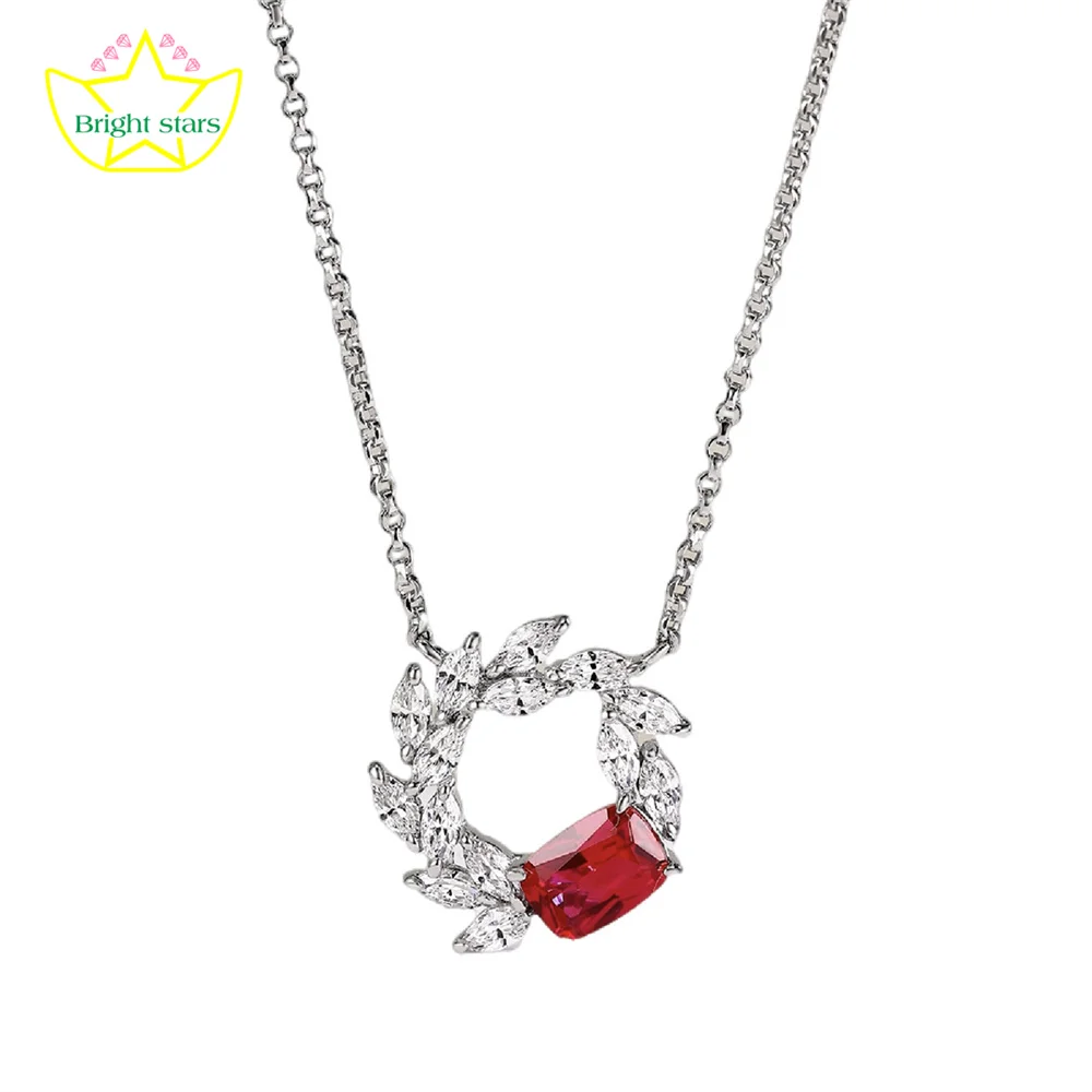 Bright Stars S925 Silver simulation diamond necklace Fashion vintage ruby emerald wreath pendant chain