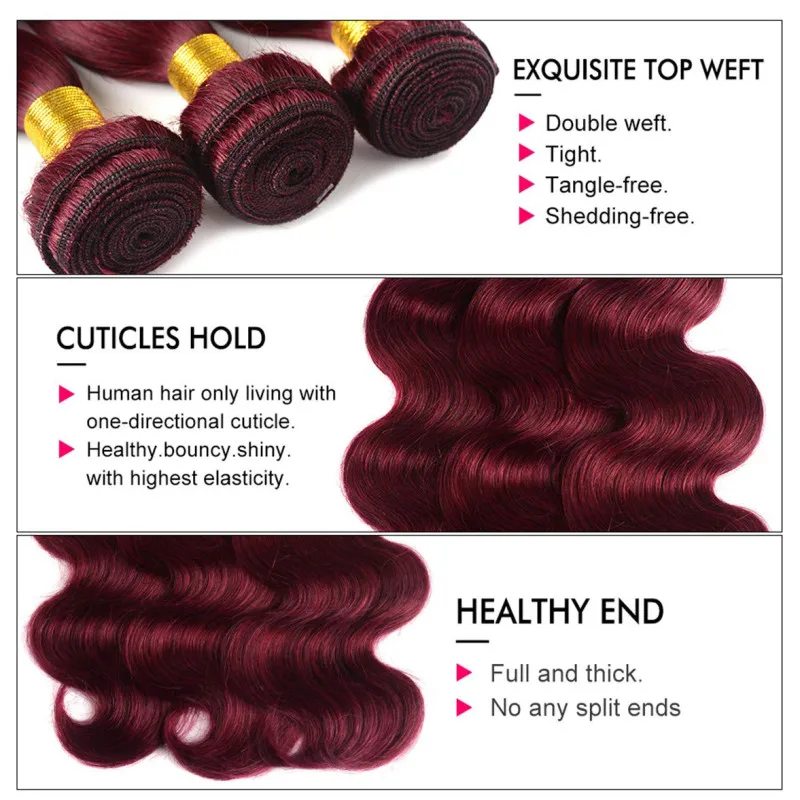 Red Human Hair Bundles Body Wave 99J Human Hair Bundles Brazilian Remy Hair Weaving Extensions Wine Red Bundles For Black Women