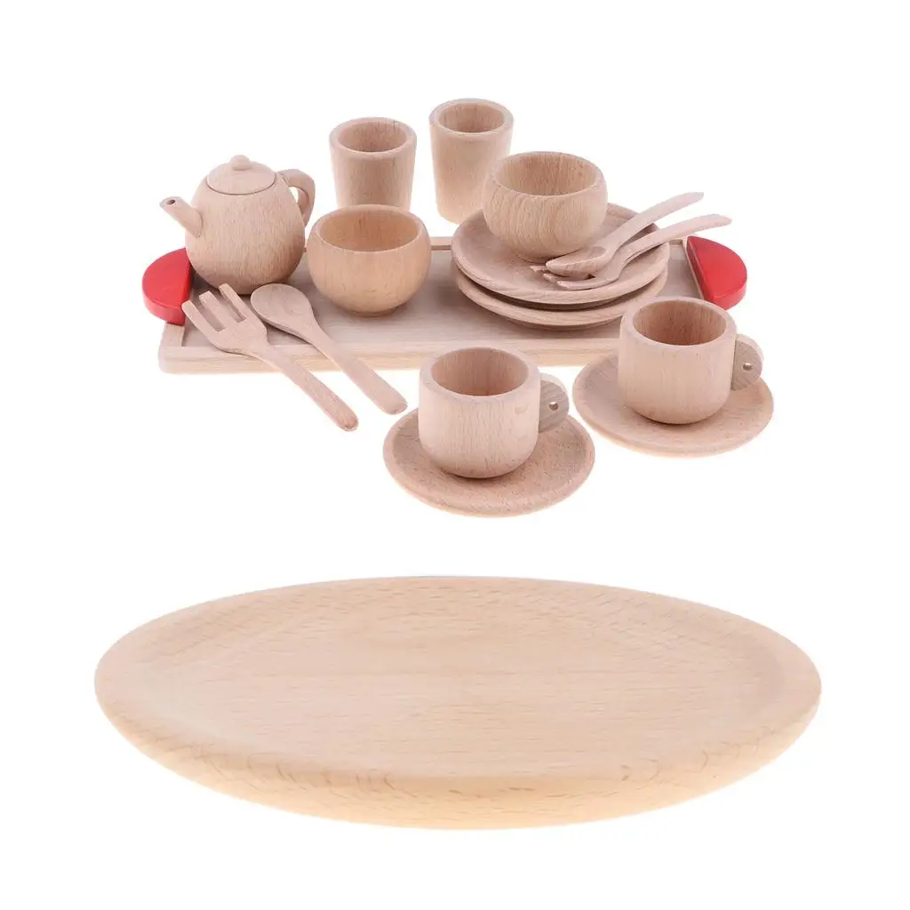 Exquisite Wooden Saucers Tray Tea Pot Bowl Tableware Kitchen Playset