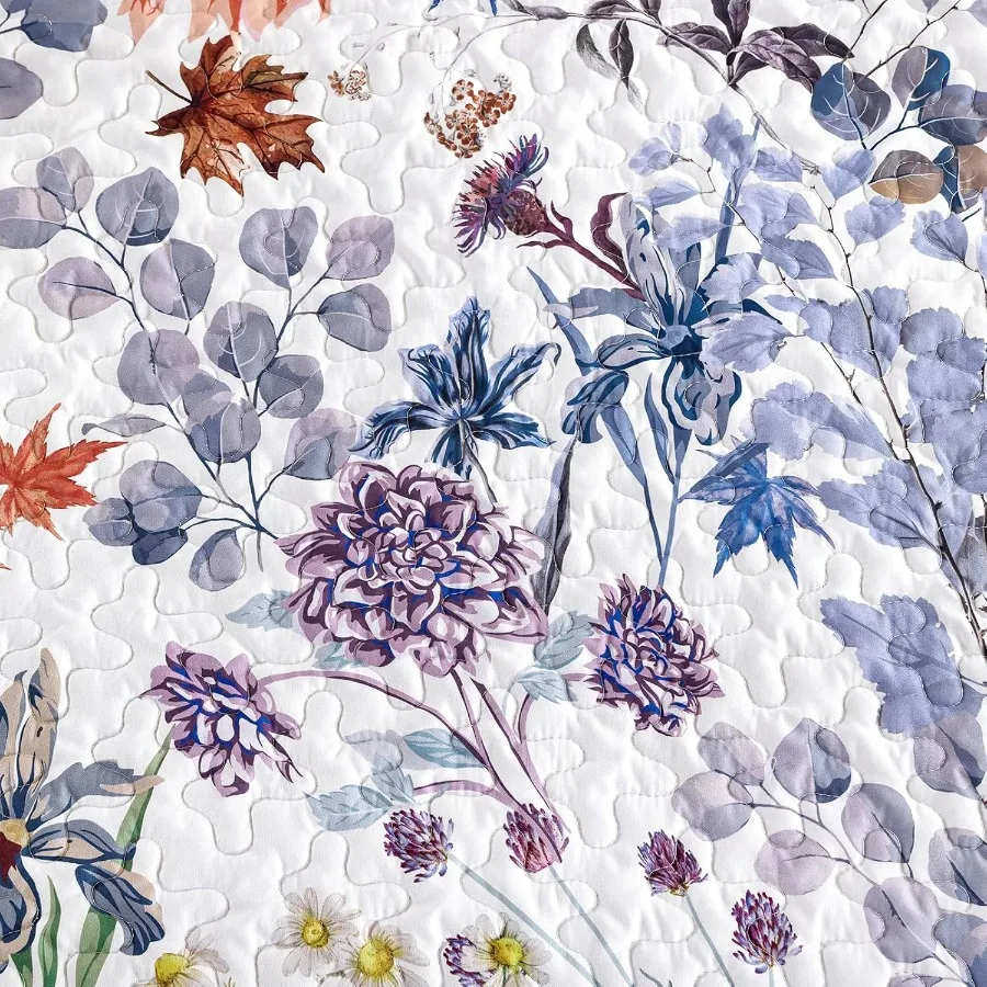 봄 여름 장식용 블루 플로럴 퀼트 세트 퀸 사이즈 부드럽고 가벼운 마이크로파이버 침대보와 베개 커버 2개 식물 무늬