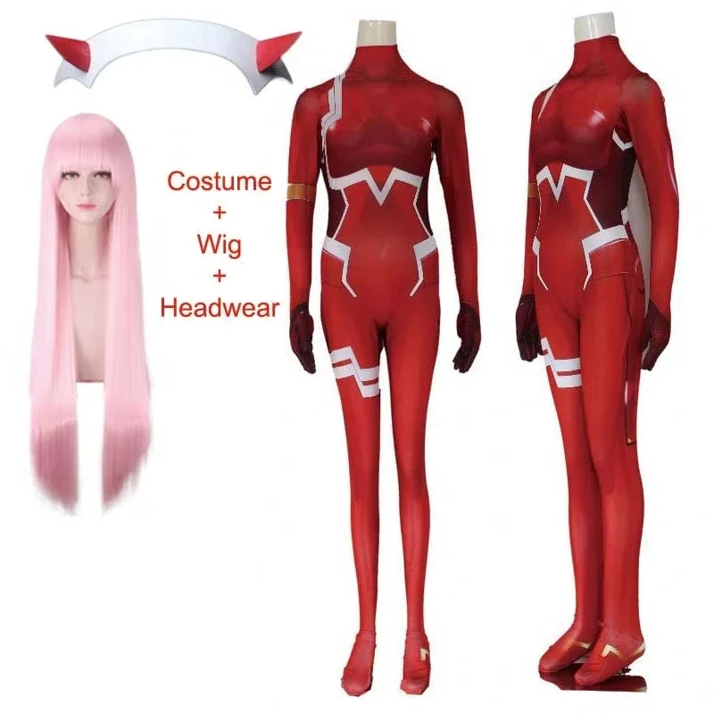 Cos Anime Darling In The Franxx 02 Zero Two disfraz de Cosplay para mujer disfraz de Halloween peluca mono con estampado 3D traje Zentai