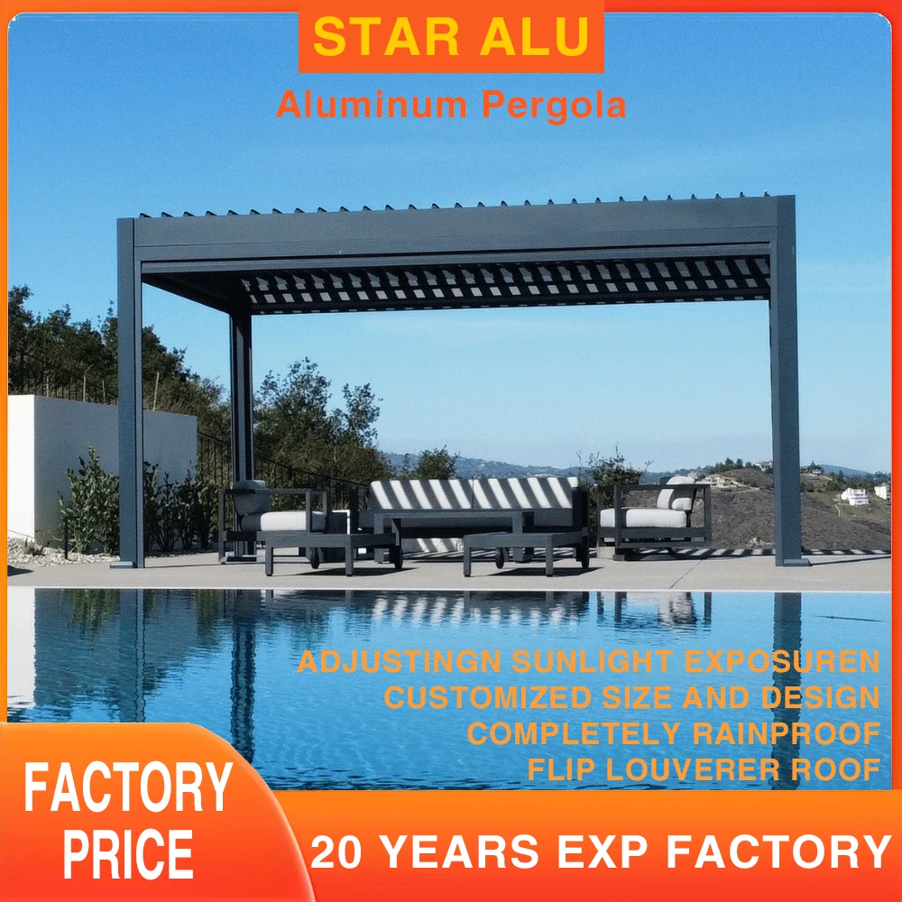 

Customized Aluminum Pergola with Sliding Glass Panels – Outdoor Sunshade Shelter with Remote Control Roof