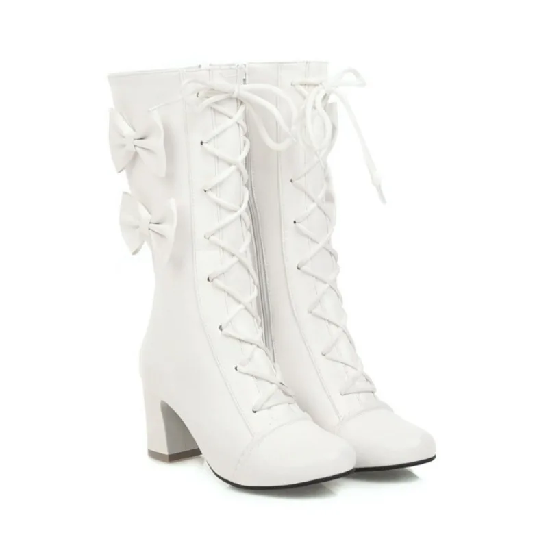 Candy Color Sweet Bow Lace Up Mid-Calf Lolita Knight Boots Chunky High Heel Plus Size Autumn Winter Girls Daily Cosplay Boots