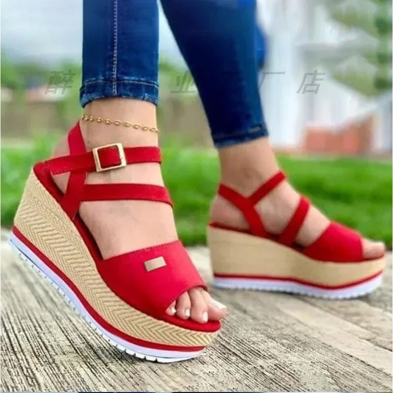 Women Summer Woven Wedge Roman Sandals Women Retro Ankle Buckle Chunky Platform Sandles Woman Open Toe Thick Bottom Sandalias