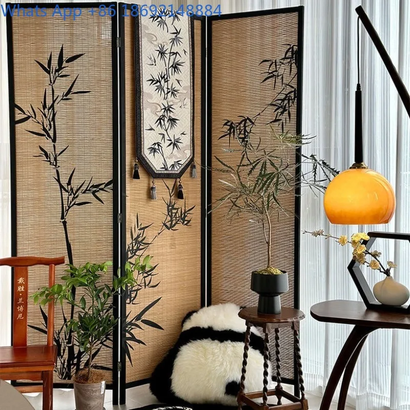 New Chinese Style Partition Screen Tea House Bamboo Decorative Wall Background Tea Room Bamboo Weaving Enclosure Balcony
