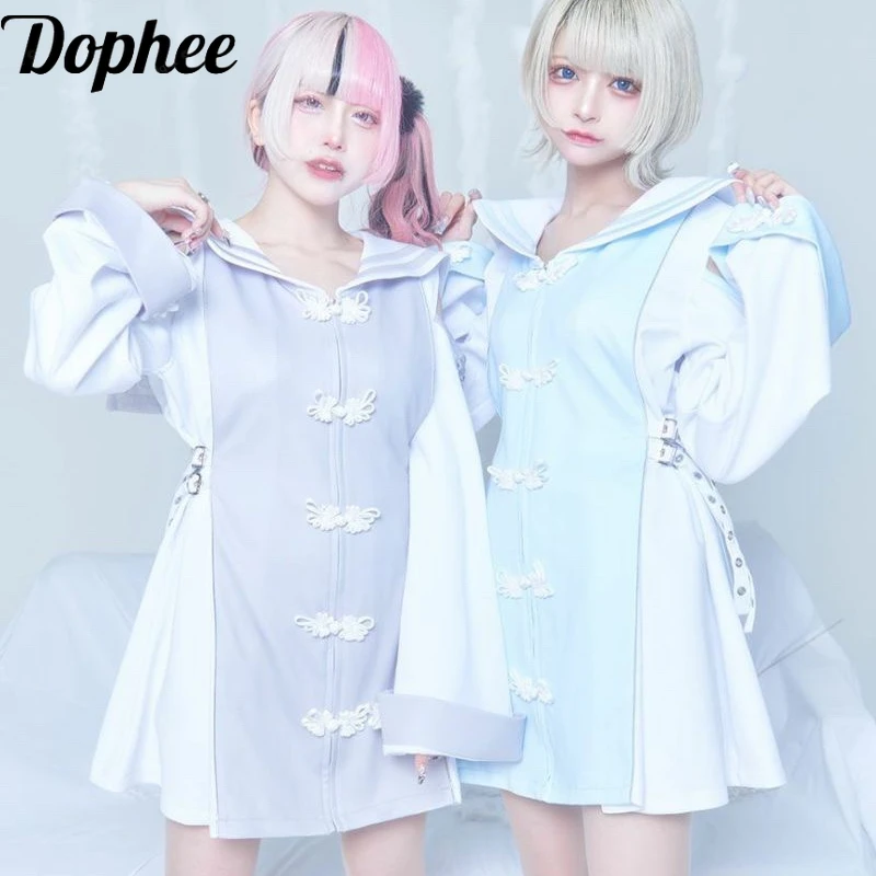 

Dophee Landmine System Harajuku Cardigans Coat Navy Collar Chinese Style Single-breasted Frog Spring Autumn Long Sleeve Dress