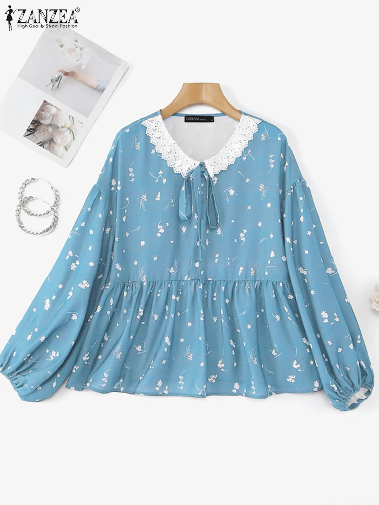 

ZANZEA Lace Patchwork Floral Print Shirt Lace-up Lantern Sleeve Loose Ruffled Hem Blouses 2025 Spring Elegant Women Blusas Mujer