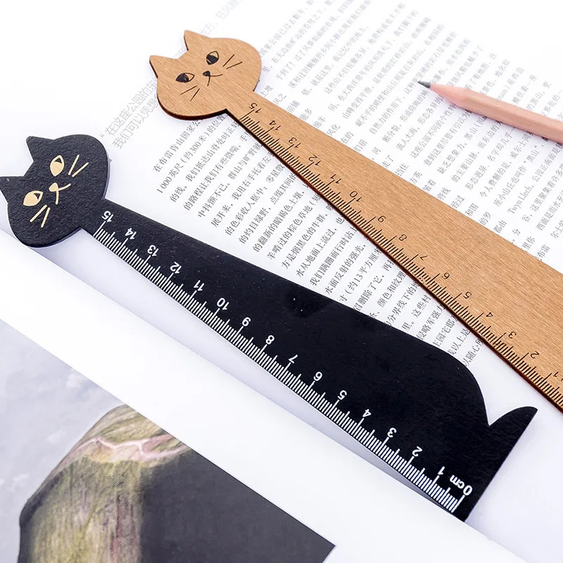 Wood Ruler Creative Cartoon Cat Drawing Ruler Cute Eco Friendly Retro Straight Ruler School Learning Supplies