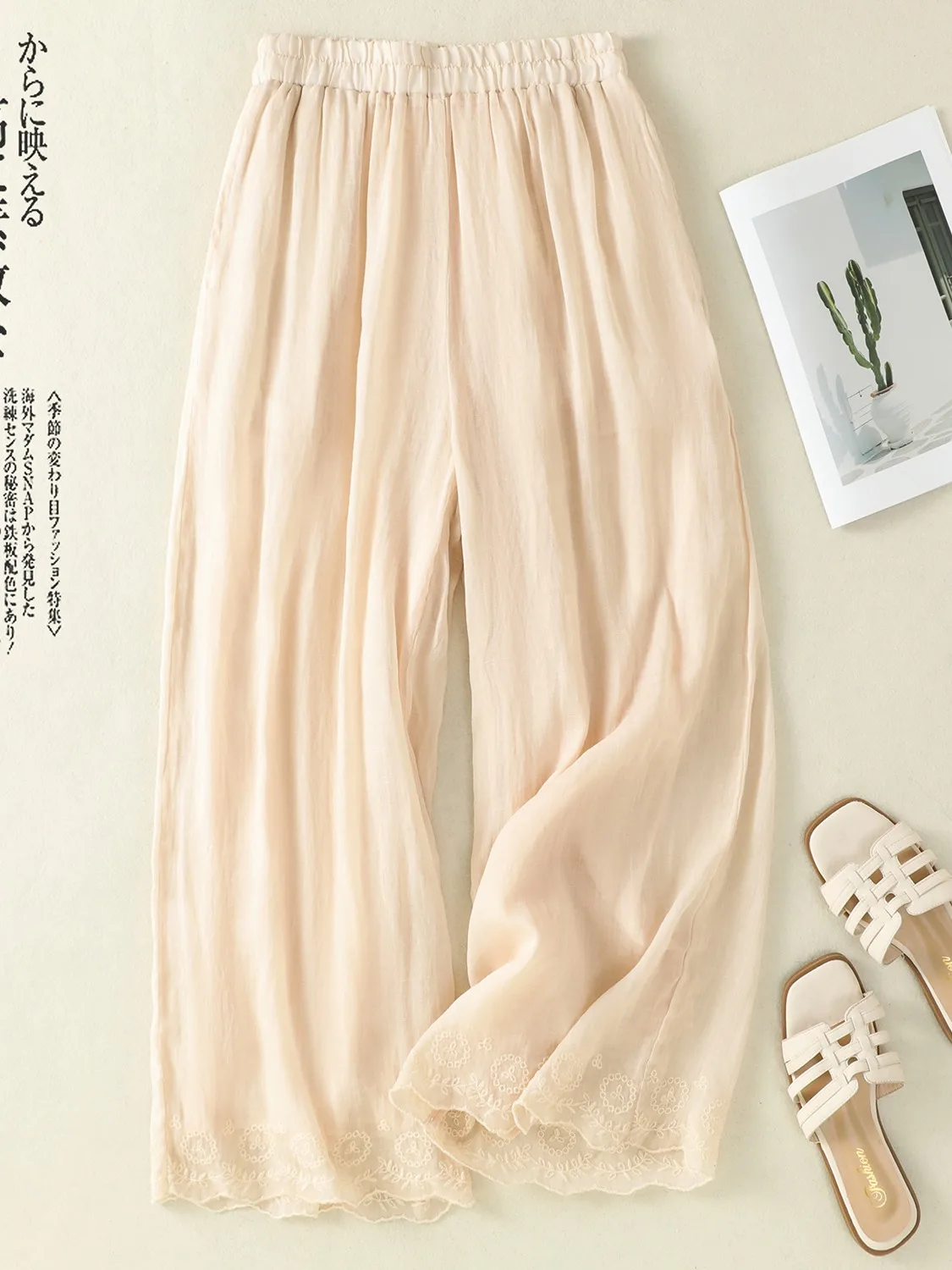 Verão fino confortável respirável cintura alta calças largas femininas algodão linho bordado renda guarnição solta ajuste perna reta...