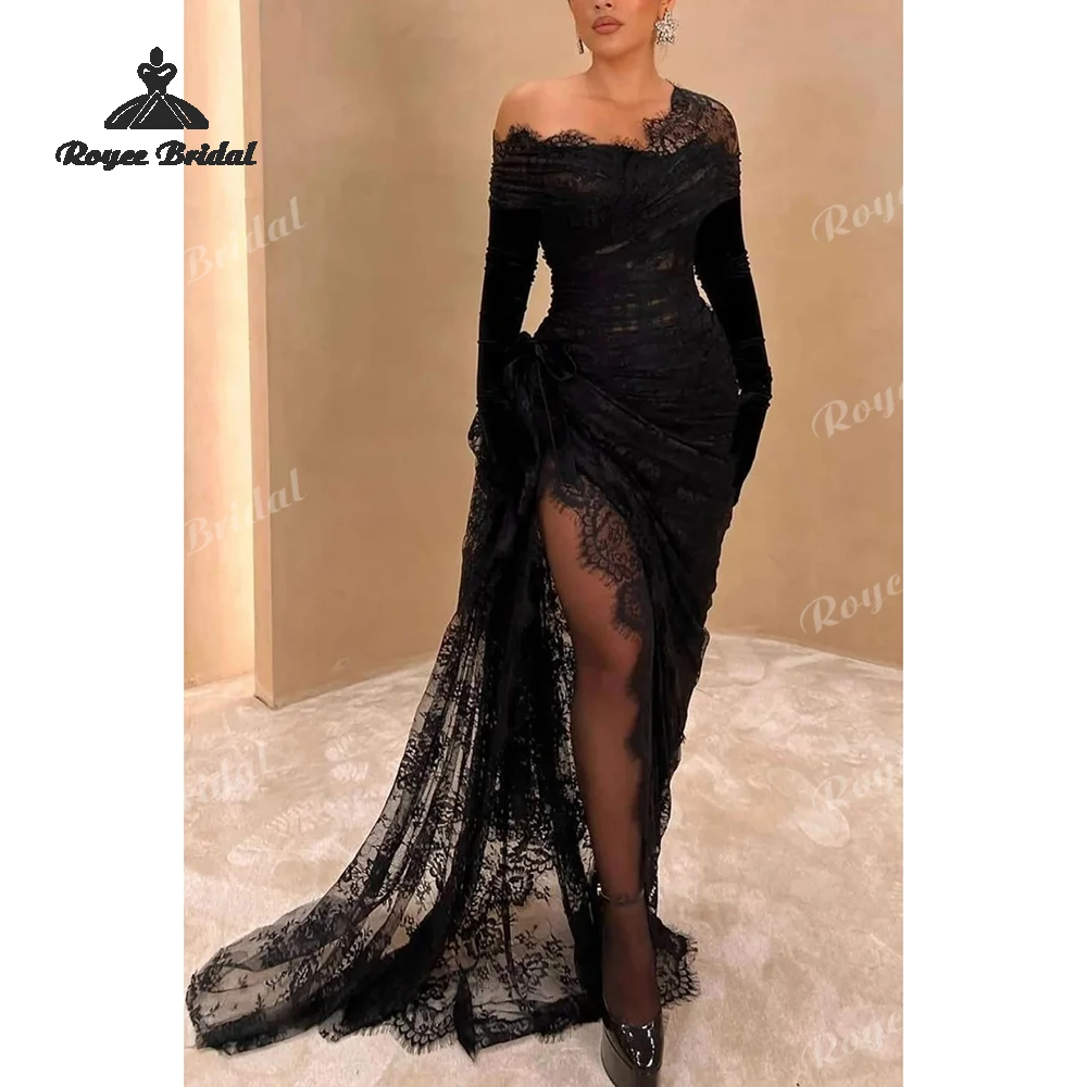 Sexy Lace Mermaid Evening Dresses 2026 Asymmetric High Slit Gloves Women's Formal Evening Gowns فساتين سهرات