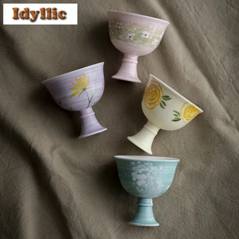 

50ml Hand-painted Flowers And Fish High Foot Teacup Zen Tea Bowl Cute Cup Tea-tasting Meditation Cup Jianzhan Master Cups Teaset