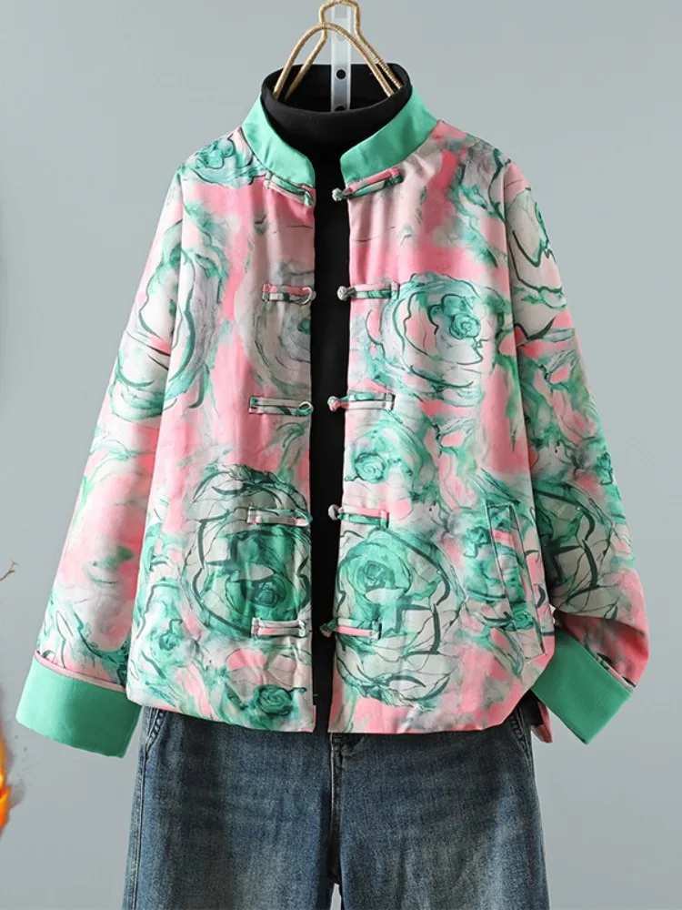 

Новое китайское хлопковое джато с цветочным принтом, женское зимнее пальто с мягкой подкладкой на пуговицах, пушистое теплое пальто в стиле ретро