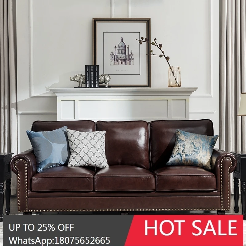 

SGF Solid Wood Genuine Leather Sofa Set French Retro Single Double Three-Seater